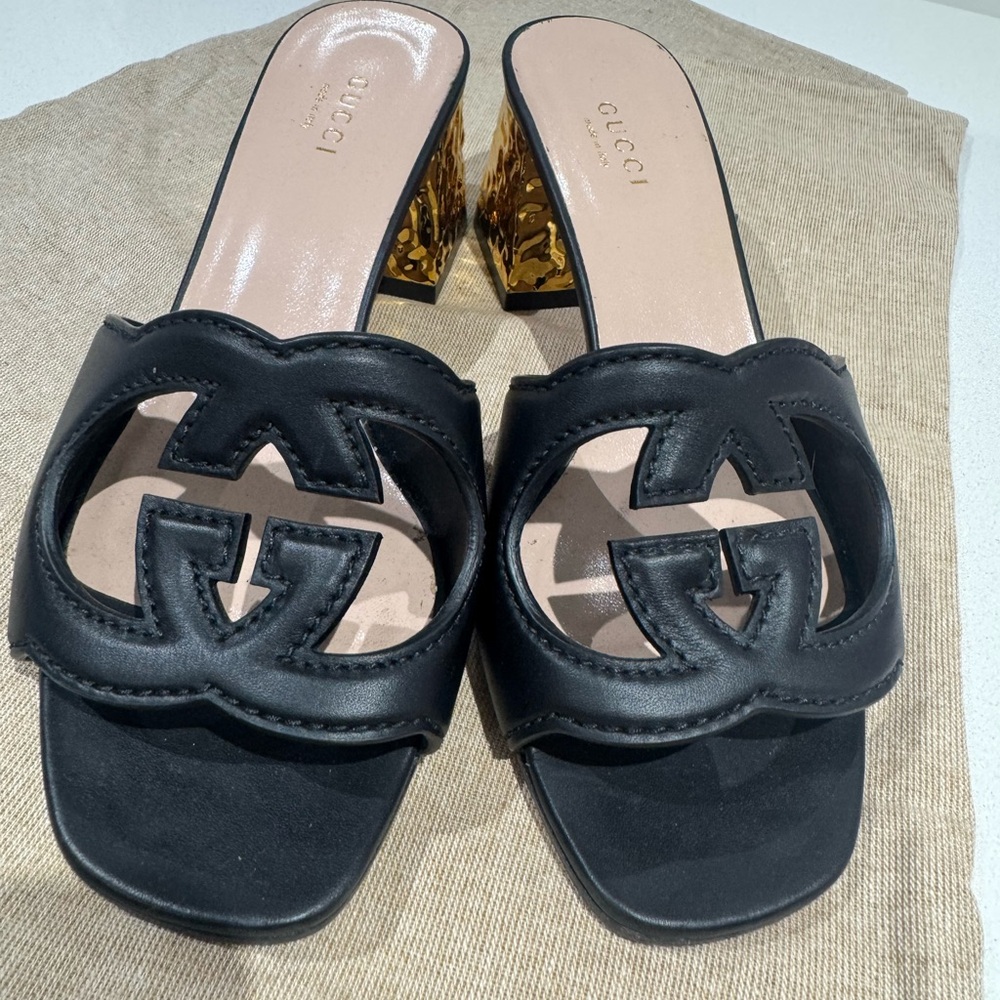 Gucci Black Leather GG Mule Sandals with Gold Block Heel